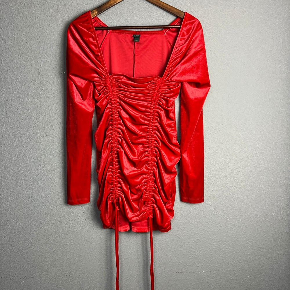 Wild Fable Velvet Mini‎ Dress Ruched Sweetheart Neck Drawstring Long SL Red Sz M